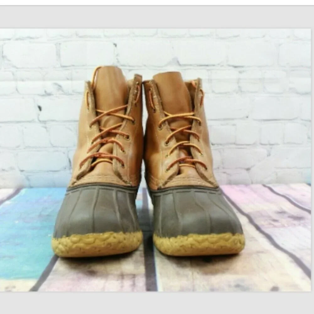 LL Bean Unlined Brown Leather Rubber Lace-up Rain Duck Boots Size M 7 L 9 - Picture 4 of 7